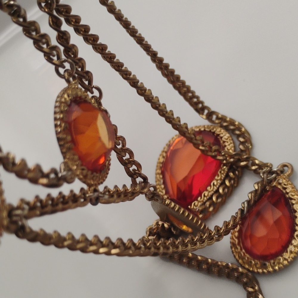 Whimsical Gold tone and Orange Layered Necklace Acrylic Gems - Picture 5 of 9